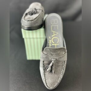 Anthropologie Matisse Tyra Loafers Mules Vegan Gray Suede with tassels Size 8
